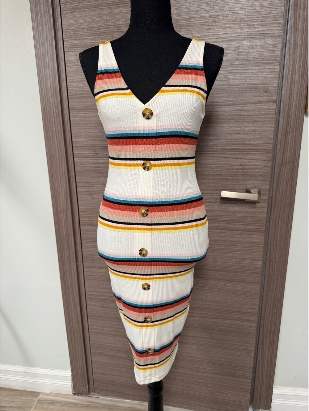 Forever 21 Contemporary Striped Ribbed Midi Dress Button Front Sleeveless XS